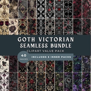 Bundel met Victoriaans naadloos patroon: gotisch digitaal papierpakket voor knutselen, sublimatie, uitnodigingen en scrapbooking