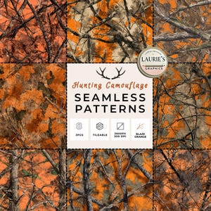 Pode incluir: Oito padrões de camuflagem de caça sem costura em laranja vivo, castanho e cinzento, com um desenho de ramos de árvores. A imagem inclui o texto "Hunting Camouflage SEAMLESS PATTERNS".