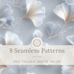 May include: A digital graphic featuring a seamless pattern of pale ginkgo leaves on a soft gray background. The text reads: Ghost Garden, Frosted Ginko, Veiled Botanicals Collection, 8 Seamless Patterns, JPGS, TILEABLE, 3600 PX, 300 DPI.