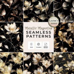 Op de afbeelding: Acht naadloze patronen met metallic magnoliabloemen in goud en wit tegen een zwarte achtergrond. De patronen zijn tegelbaar en hebben een resolutie van 3600x300 DPI. De afbeelding bevat de tekst "Metallic Magnolias SEAMLESS PATTERNS".