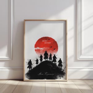 Seven Samurai Movie Poster – Akira Kurosawa Art Print – Japanese Cinema Wall Decor – Bold Red Sun Design – Samurai Silhouette Film Poster