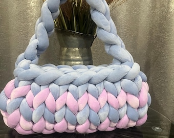 Two-Tone Light Blue and Lilac Handbag with Metal Clasp