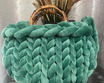 Green Braided Velvet Tote with Bamboo Handle