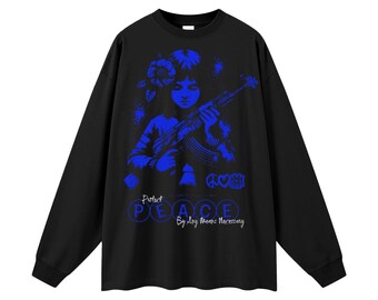 May include: Black long-sleeve shirt with a blue graphic. The graphic features a person holding a rifle, surrounded by flowers, with the words "Protect PEACE By Any Means Necessary" and other text.