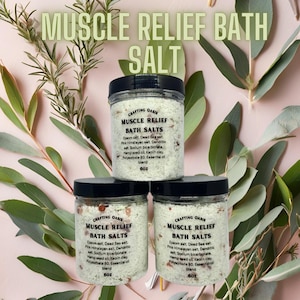 May include: Three glass jars filled with bath salts labeled "Muscle Relief Bath Salts" with a list of ingredients including Epsom salt, Dead Sea salt, Pink Himalayan salt, Dendritic salt, Sodium bicarbonate, Hemp seed oil, Kaolin clay, Polysorbate 80, and Essential oil blend. Each jar is 6 oz.
