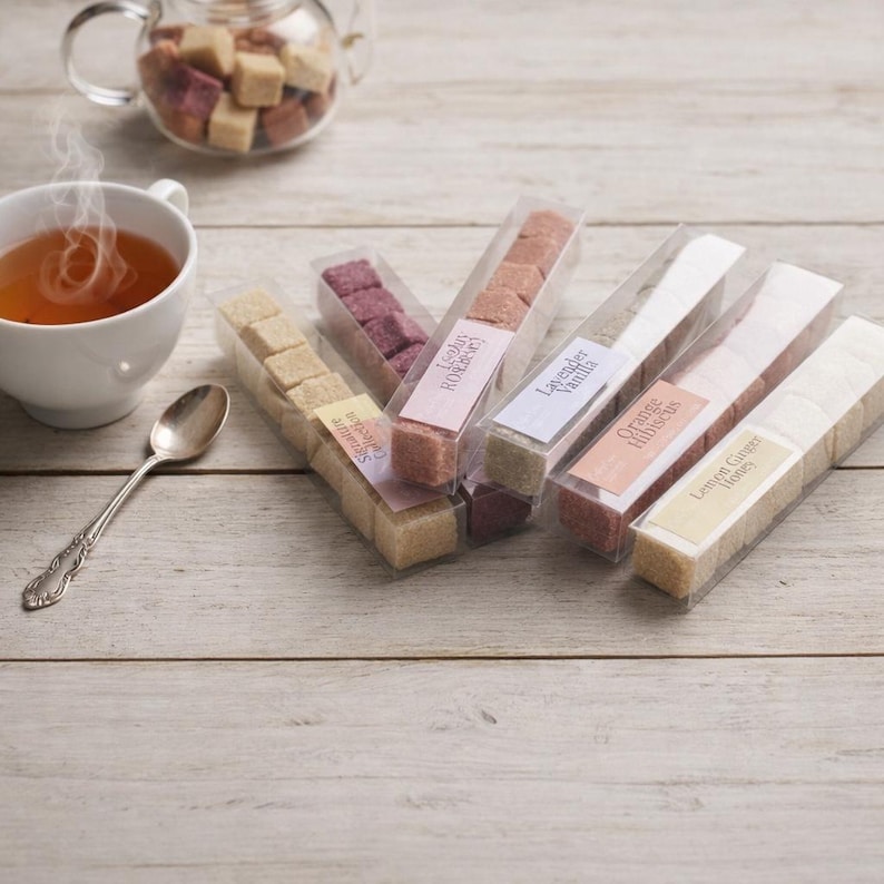 Op de afbeelding: Een assortiment gearomatiseerde suikerklontjes in transparante verpakkingen, met labels met smaken als Lavendel Vanille en Citroen Gember Honing. Een kopje thee stoomt naast een decoratieve lepel en een glazen theepot gevuld met suikerklontjes.