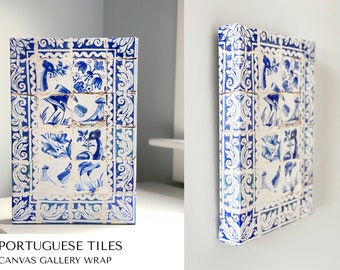 Portuguese Tiles Canvas Print – Rustic Blue and White Azulejos – Ready to Hang Wall Art – Portugal Travel Photography – Living Room Decor