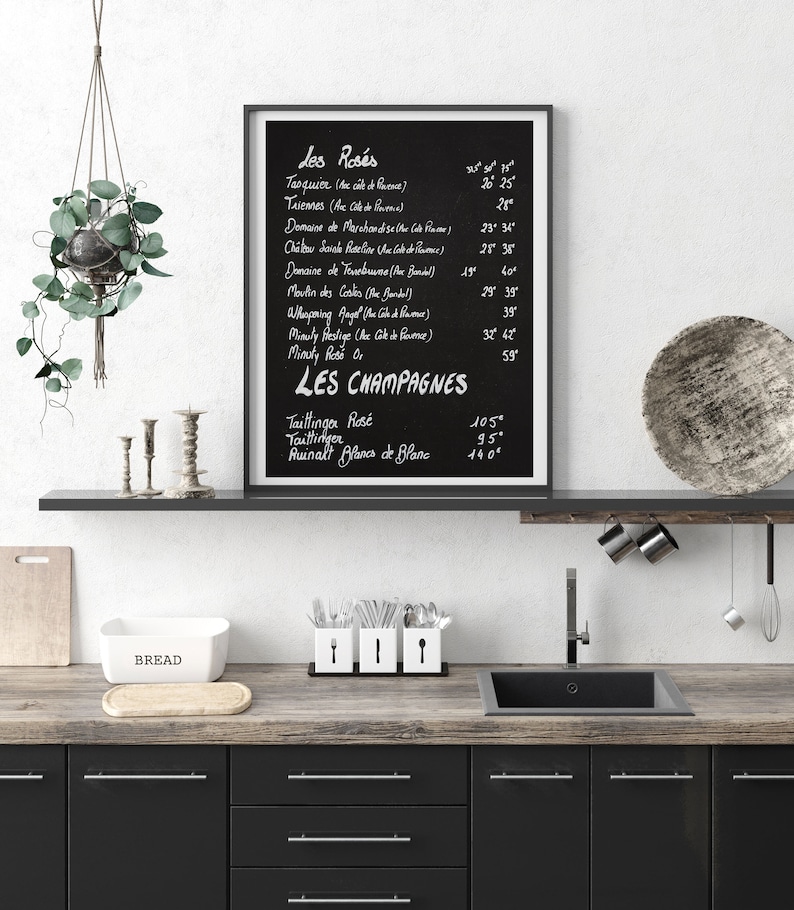 French Chalkboard Wine Menu Prints Black and White Art Kitchen Home Bar Wall Decor France Photography Canvas Art Gift for Wine Lover image 2