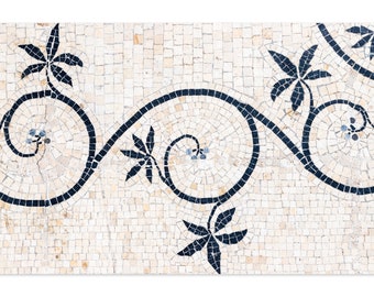 Floral Wall Art - Mosaic Tiles Art Print – France Travel Photography – Neutral Colors Pattern Art – Beige and Black Horizontal Wall Decor