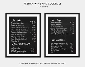 French Chalkboard Wine Menus Set of 2 Art Prints - Home Bar or Kitchen Black and White Wall Decor - 2 Piece Wall Art - Gift for Wine Lover