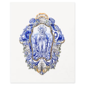 Portugal Travel Photography - Virgin Mary - Blue and White Portuguese Tiles - Religious Wall Art - Azulejos Art Prints