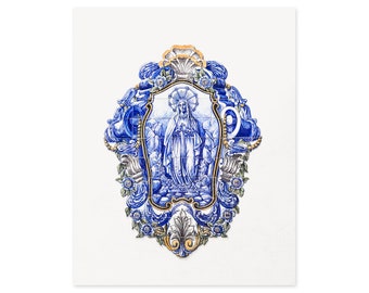 Portugal Travel Photography - Virgin Mary - Blue and White Portuguese Tiles - Religious Wall Art - Azulejos Art Prints