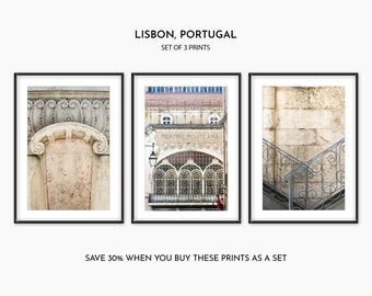 SAVE 30% Set of 3 Prints - Lisbon Portugal Architecture Photography Triptych - 3 Piece Rustic Wall Decor - Beige Wall Art - Gallery Wall Set