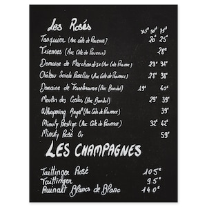 French Chalkboard Wine Menu Prints Black and White Art Kitchen Home Bar Wall Decor France Photography Canvas Art Gift for Wine Lover image 1