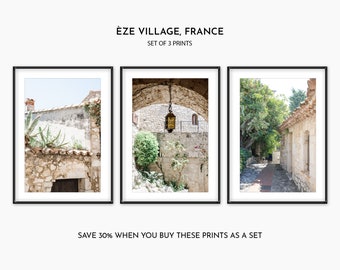 SAVE 30% Set of 3 Prints - Eze Village France - Architecture Photography Triptych - 3 Piece Rustic Wall Decor - Beige Art - Gallery Wall Set