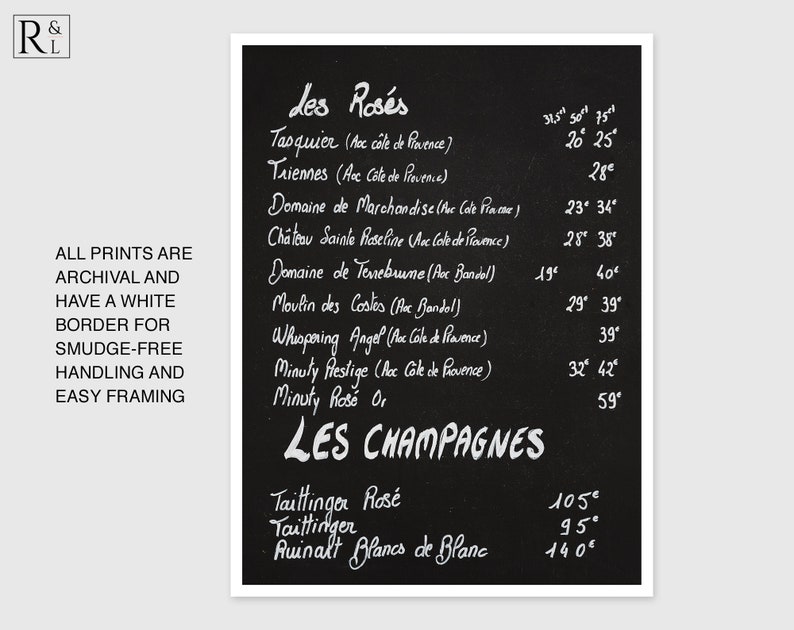 French Chalkboard Wine Menu Prints Black and White Art Kitchen Home Bar Wall Decor France Photography Canvas Art Gift for Wine Lover image 5