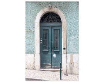 Door and Azulejo Tiles - Framed Art Print - Lisbon Portugal Travel Photography - Rustic Wall Decor - Teal Green Wall Art