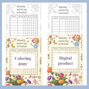 Programa semanal de riego de plantas, rastreador de cuidado de plantas imprimible (versiones para colorear y a color, tamaños A4/carta de EE. UU.), descarga instantánea en PDF/JPG