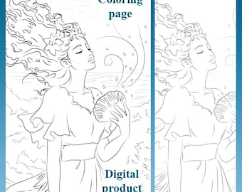 May include: Line art illustration of a woman with flowing hair, holding a seashell, and wearing a dress. The image is labelled "Coloring page" and "Digital product" in a blue gradient frame.