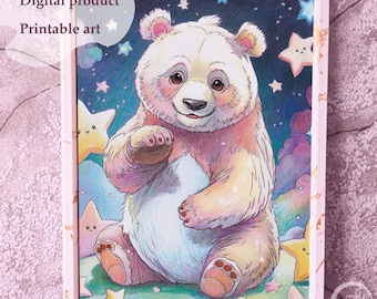 Fantasy Starry Bear, Printable Kids Wall Art, Cute Bear Nursery Decor, Digital Download, JPG