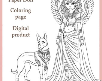 Coloring Paper doll printable with 6 outfits + 2 pets. Coloring Page, Outline.  Instant Digital Download JPG & PDF,  A4 Size. DIY.