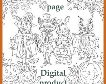 May include: A black and white colouring page digital product featuring four anthropomorphic animals in costumes, including a fox, rabbit, and cat, surrounded by jack-o'-lanterns and grapevines, with the text Coloring page Digital product.