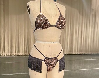 Rose Gold sequin bikini set with Fringe- bra and thong sized separately