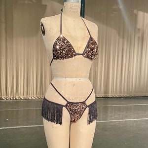 Rose Gold sequin bikini set with Fringe- bra and thong sized separately