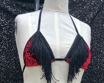 Burnout red velvet thong backed bikini set with fringe/ custom size