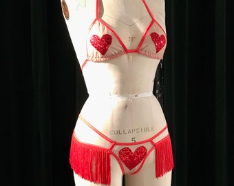 sequin and metallic 2 piece Heart-On fringe thong set custom size, custom color