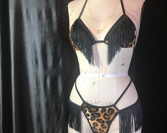 Leopard print velvet bikini set with fringe