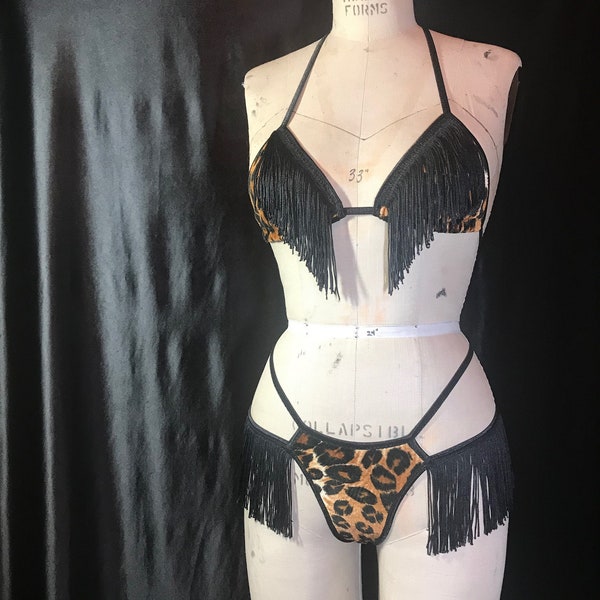 Leopard print velvet bikini set with fringe