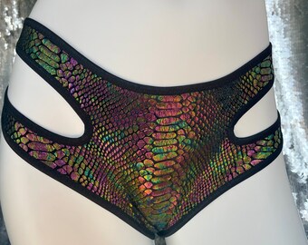 SAMPLE SALE black oil slick snakeskin thong sz XS