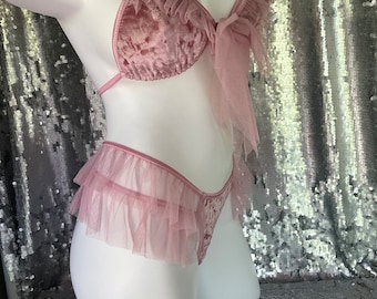 Bubblegum pink crushed velvet thong with ruffles- Limited quantities
