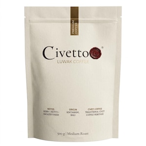 Puede incluir: Una bolsa de café de color crema con la marca "Civetto" y "Luwak Coffee" impresas en marrón oscuro. La bolsa presenta un sello de cera rojo y el texto "Premium Coffee". El texto adicional incluye "Notes: Berry-Nutty-Smooth Finish", "Origin: Kintamani, Bali" y "500 g | Medium Roast."