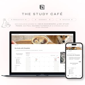 Könnte beinhalten: Ein Laptop und ein Smartphone zeigen eine Website namens "The Study Cafe" mit einem Kalender und einer Aufgabenliste. Die Website soll Nutzern helfen, ihr Studium zu organisieren und auf dem Laufenden zu bleiben.