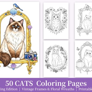 以下が含まれることがあります： ヴィンテージフレームや花輪の中に猫が描かれた54ページの塗り絵デジタルコレクション。メイン画像には、金色のフレーム内の棚に座る長毛の猫が描かれており、ランタン、カメラ、青い鳥が添えられています。
