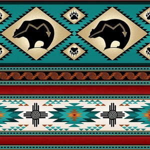 Elizabeths Studio~Tucson~Western Bear Stripe~Turquoise~Cotton Fabric by the Yard or Select Length 516E-TURQ
