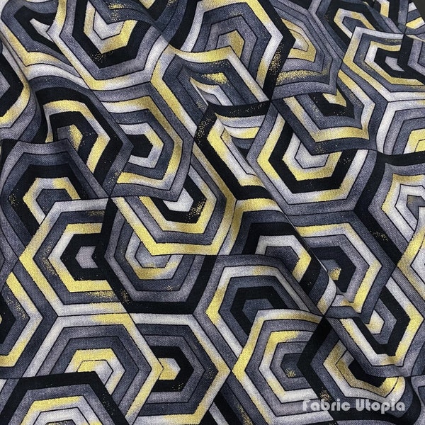 Henry Glass~Black White & 24 Karat~Six Sides w/ Metallic Gold~Black~Cotton Fabric by the Yard or Select Length 2875M-99