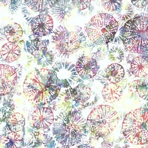 May include: A seamless pattern featuring a white background with a variety of colorful, abstract, circular designs. The circles are reminiscent of sea urchins or starfish and have a watercolor effect.