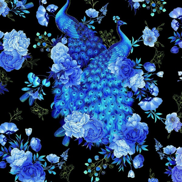 Timeless Treasures~Royal Plume~Royal Blue Peacock Floral w/ Metallic Gold-Black -Cotton Fabric by the Yard or Select Length CM1561-BLACK