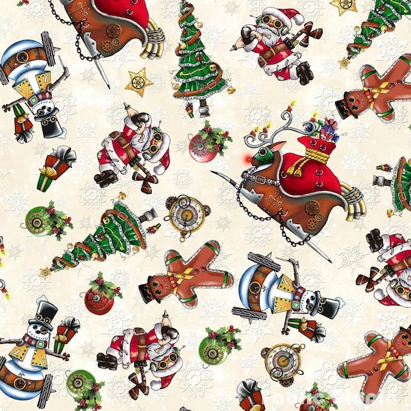 Quilting Treasures~Steampunk Christmas~Christmas Toss~Digital Print~Cream~Cotton Fabric by the Yard or Select Length 28902-E