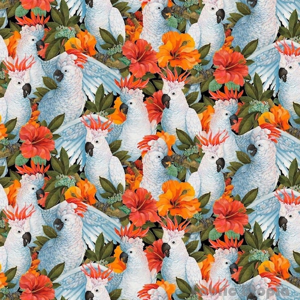 Quilting Treasures~Cockatoos~Packed Cockatoos~Digital Print~White~Cotton Fabric by the Yard or Select Length 29078-Z