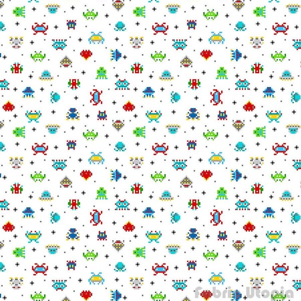 Northcott~Gaming Zone~Space Invaders~White/Multi~Cotton Fabric by the Yard or Select Length 24572-10