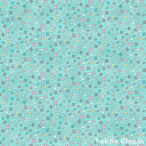 May include: A seamless pattern with a teal background and a variety of small, colorful shapes, including circles, triangles, crosses, and flowers.