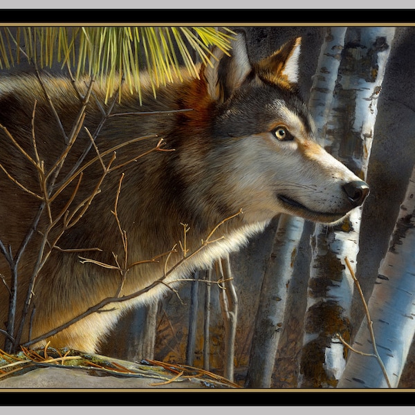 Quilting Treasures~Majestic Wolves~24.5" x 43" Wolf Panel~Digital~Black~Cotton Fabric by the Panel 28224-J