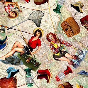 May include: A vintage-style collage featuring retro illustrations of women fishing, fishing gear, and accessories. The image includes fishing rods, nets, tackle boxes, boots, and hats, all set against a map background. The color palette includes red, green, and brown.