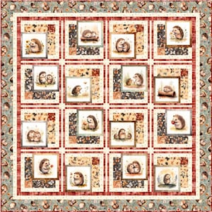 May include: A patchwork quilt featuring a repeating pattern of watercolor hedgehog illustrations. The quilt has a light beige background with red and brown borders, and a patterned edge with small hedgehog and leaf motifs.
