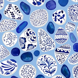 May include: A pattern featuring white, rounded, pebble-like shapes decorated with various dark blue floral, geometric, and botanical illustrations, interspersed with solid dark blue watercolor-style circles on a light blue background.