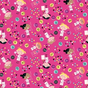 May include: A pink background with a repeating pattern of girls dressed as scientists. The girls are wearing white lab coats and holding beakers, test tubes, and magnifying glasses. The background is filled with colourful chemical elements and molecules.